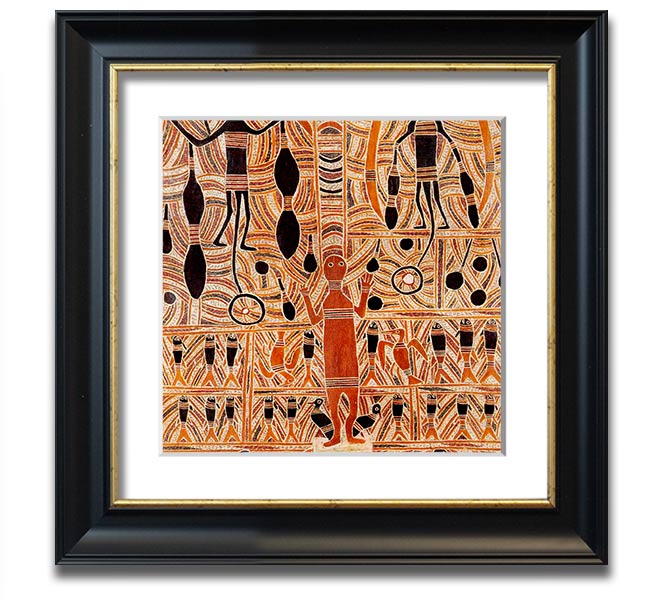 Aboriginal Marika Mathaman Square Framed Print showcasing vibrant colors and intricate designs, framed in a stylish border.